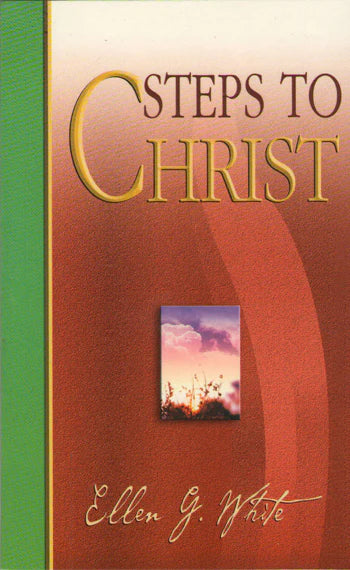 Portada del inspirador libro *Pasos hacia Cristo*, de Ellen G. White, con ilustraciones a todo color, una pequeña fotografía panorámica y el título en relieve dorado sobre un fondo marrón rojizo con lomo verde.