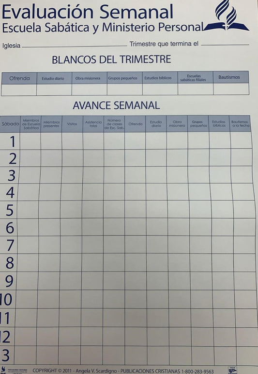 Cuadro de evaluación semanal de las actividades de la iglesia, ideal para el cartel de la Escuela Sabática, que incluye categorías como ofrendas, estudio bíblico y bautismos en una tabla de seguimiento de 13 semanas con avance semanal. Perfecto para los recursos del Paquete 4.