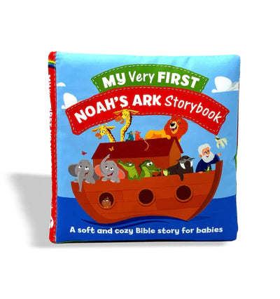 Libro infantil de formato cuadrado titulado «Mi primer libro de cuentos del Arca de Noé», con ilustraciones de animales y de Noé en el arca: una Biblia suave, acogedora y apta para niños pequeños. Este libro lavable es perfecto para que lo disfruten las manitas de los más pequeños.