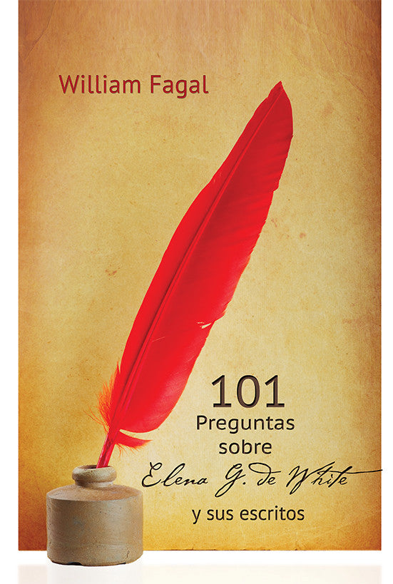 Portada del libro en la que aparece una pluma roja en un tintero, con el título «101 Preguntas sobre Elena G. de White y sus escritos», de William Fagal, sobre un fondo beige, en el que se abordan cuestiones controvertidas sobre los escritos de Elena White.
