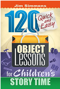 Portada del libro «120 lecciones prácticas rápidas y sencillas para la hora del cuento infantil», de Jim Simmons, con un texto colorido e ilustraciones divertidas de objetos como gafas y globos, ideal para la Escuela Sabática o la hora del cuento infantil.