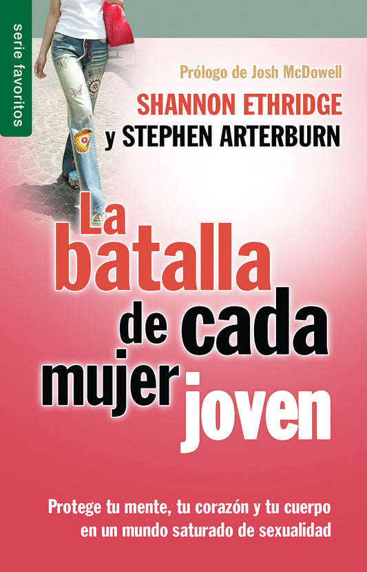 Portada del libro *La batalla de cada mujer joven*, de Shannon Ethridge y Stephen Arterburn, con texto en español y una imagen parcial de una joven de pie, vestida con unos vaqueros bordados, que transmite pureza y la importancia de proteger la mente.