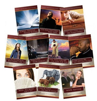 Una colección de diez folletos de temática cristiana, perfectos para el estudio de la Biblia, cada uno con imágenes y títulos diferentes, dispuestos en forma de cuadrícula.