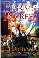 Portada del libro *El nuevo Progreso del peregrino ampliado, parte 2: Christiana*, en la que aparece con los brazos en alto entre figuras con armadura, mientras continúa su peregrinaje como Christiana hacia la Ciudad Celestial en la obra clásica de John Bunyan.