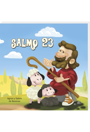 Ilustración de un hombre barbudo con una túnica roja que sostiene un cayado de pastor junto a dos ovejas, bajo el texto «Salmo 23 para niños parafraseado», con un paisaje bucólico como fondo.