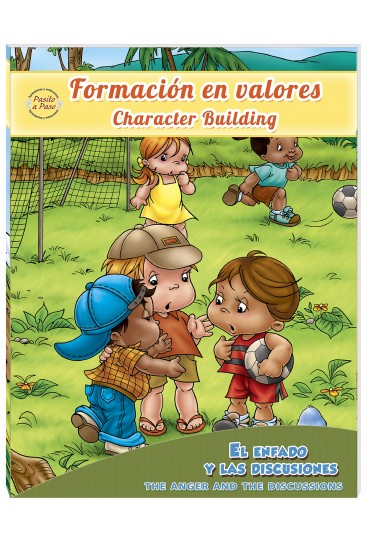 Unos niños están de pie en un campo de césped con una portería de fútbol y un balón; dos niños discuten mientras los demás observan. La portada del libro, titulado «Formación en valores / Character Building», incluye «historias para niños» destinadas a enseñar importantes lecciones de vida.