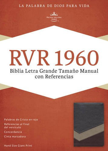Portada de una Biblia Reina Valera 1960 en imitación de piel, con la inscripción «RVR 1960», que presenta letra grande, referencias, las palabras de Cristo en rojo y una pequeña imagen de la Biblia en la esquina inferior derecha.