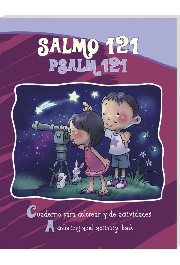 Dos niños contemplan el cielo nocturno a través de un telescopio, rodeados de estrellas y conejitos. En la portada se lee «Salmo 121» y se destaca que se trata de un libro bilingüe para colorear y con actividades.