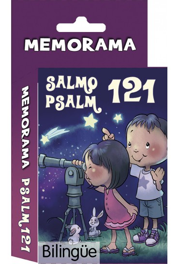 Caja de un juego de memoria bilingüe titulado «Memorama Salmo 121», en la que aparecen niños ilustrados mirando las estrellas a través de un telescopio, con un fondo morado y conejos de dibujos animados cerca: un divertido juego educativo para todas las edades.