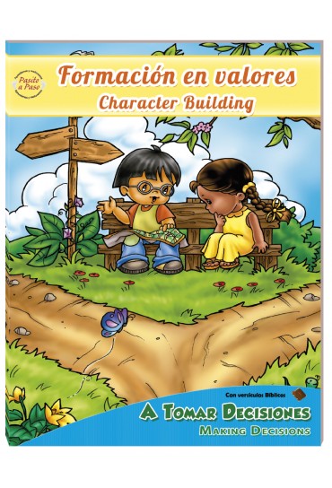 Dos niños están sentados en un banco en una bifurcación del camino, con un poste indicador de madera detrás de ellos. La portada del libro lleva el título «Formación en valores / Character Building» e invita a los niños a descubrir actividades educativas a lo largo del recorrido.