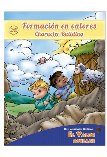 Dos niños rescatan a una oveja de un acantilado mientras un pájaro observa; la escena aparece en la portada de un libro bilingüe español-inglés sobre la formación de valores, el desarrollo del carácter y el valor.