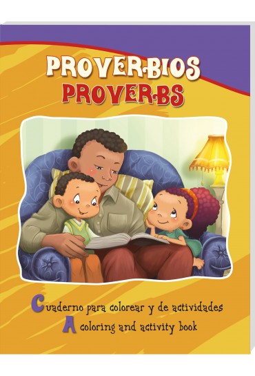 Un hombre está sentado en un sofá leyendo un libro bilingüe a dos niños. En la portada se lee: «Proverbios: Libro para colorear y de actividades en español e inglés».