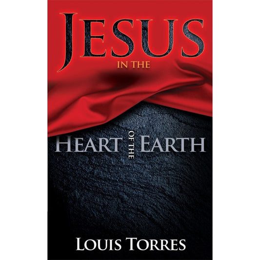 Portada del libro *Jesús en el corazón de la tierra*, de Louis Torres, en la que aparece una tela roja drapeada sobre un fondo oscuro con textura, que evoca a Jesús en el sepulcro y el misterio de cuánto tiempo permaneció enterrado antes de su resurrección.