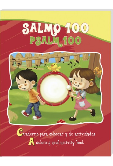 Niños tocando un tambor grande al aire libre en la portada de un libro bilingüe de colorear y actividades del Salmo 100, que incluye actividades para colorear con texto en español e inglés.