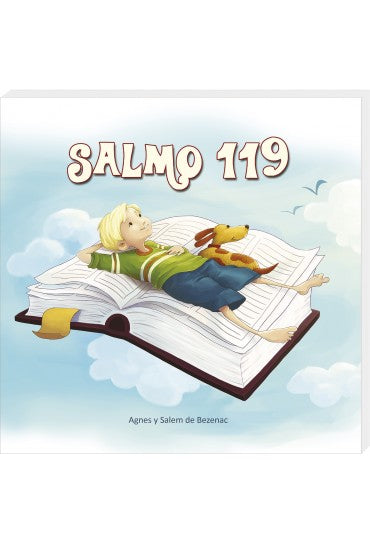 Portada ilustrada de un libro titulado «Salmo 119 parafraseado», en la que aparecen unos niños y un perro tumbados sobre un libro abierto que flota entre las nubes.
