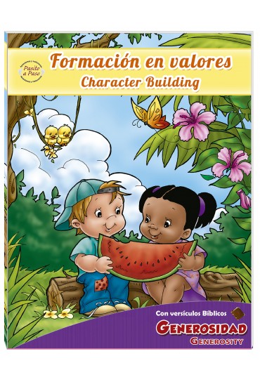 Dos niños están sentados al aire libre compartiendo una rodaja de sandía, rodeados de árboles, flores y animales. La portada del libro se titula «Formación en valores: Character Building» e incluye páginas para colorear destinadas a reforzar la formación en valores.