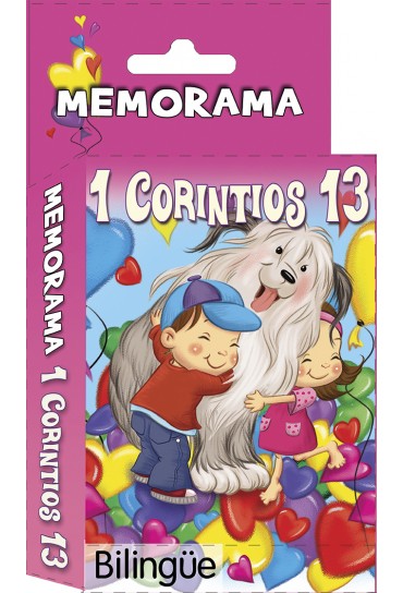 Una caja de un juego de cartas bilingüe con el título «Memorama 1 Corintios 13» muestra a dos niños abrazando a un perro grande, rodeados de coloridos globos con forma de corazón: un adorable juego educativo y juego de memoria para desarrollar la memoria bilingüe.