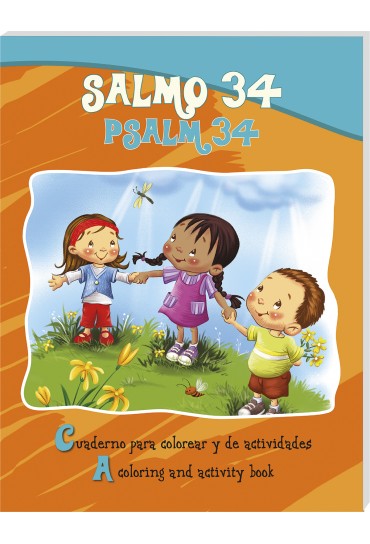 Tres niños posan sonrientes en un campo lleno de flores y mariposas. El texto de la portada dice «Salmo 34» e indica que se trata de «un libro bilingüe para colorear y actividades» en español e inglés.