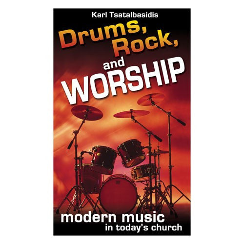 Portada de un libro en la que se ve la silueta de una batería sobre un fondo llameante, titulada «Drums, Rock, and Worship: la música rock moderna en la iglesia actual», de Karl Tsatalbasidis.