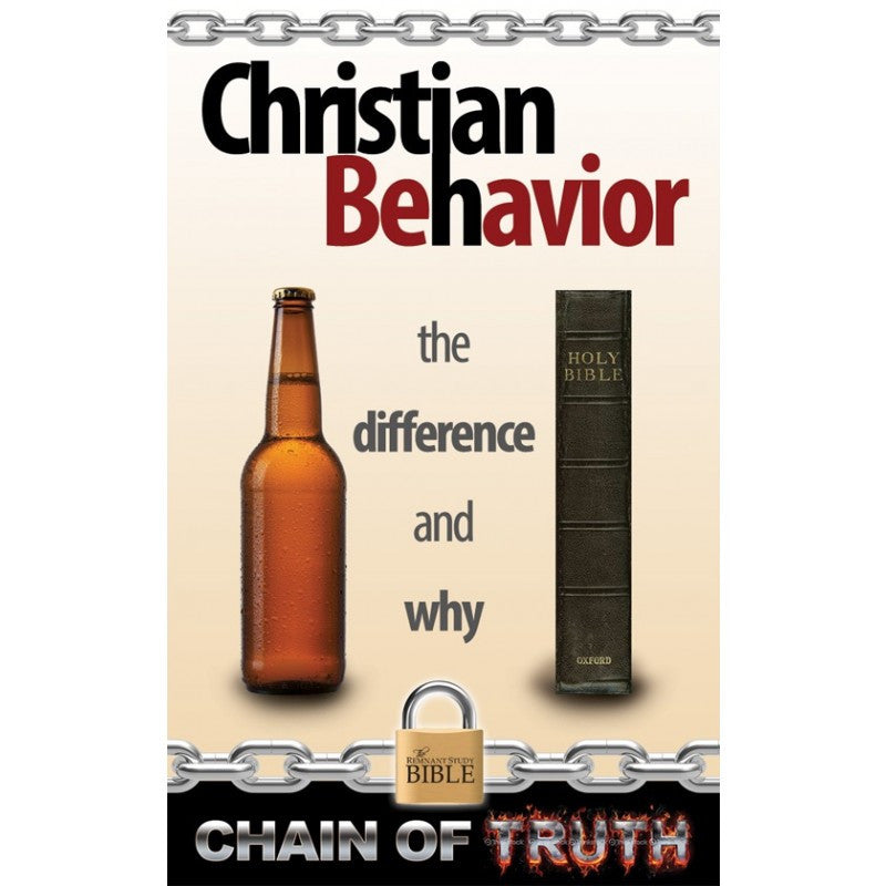 Se muestran una botella de cerveza y una Biblia junto al texto «La cadena del comportamiento cristiano: la diferencia y el porqué», y en la parte inferior aparece «La cadena de la verdad» junto a un candado. Incluye reflexiones del sistema de referencias en cadena de la Biblia de estudio «Remnant».