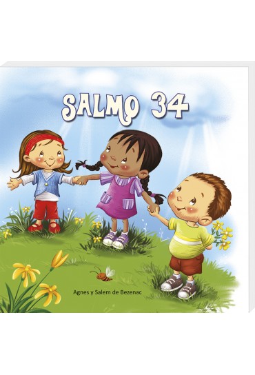 Ilustración de tres niños sonrientes que se dan la mano, de pie sobre la hierba bajo un cielo azul, con una paráfrasis del Salmo 34 escrita encima de ellos.