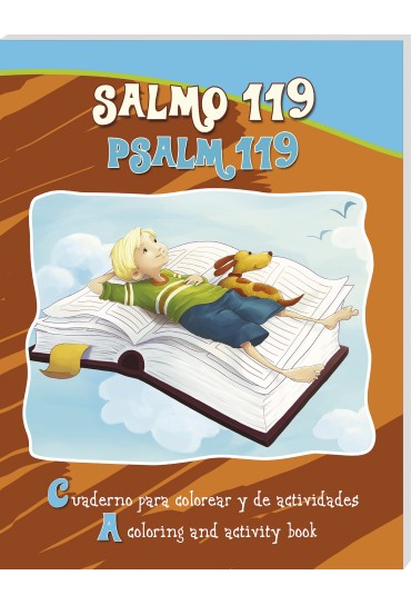 Un niño y un perro están tumbados sobre un gran libro abierto, rodeados de nubes, en la portada de un libro bilingüe para colorear y con actividades basado en el Salmo 119.