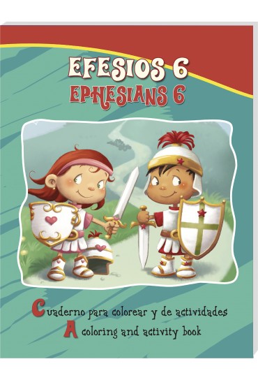 Portada ilustrada de un libro bilingüe para colorear y con actividades titulado «Efesios 6 / Ephesians 6», en la que aparecen dos niños vestidos de soldados con armadura, escudo y espada.