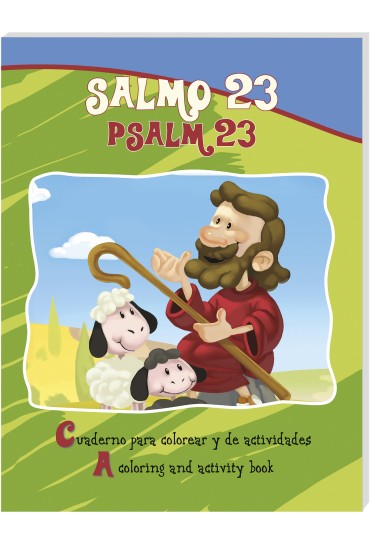 Colorido libro bilingüe con actividades para colorear, cuya portada muestra el Salmo 23, un pastor ilustrado, dos ovejas y texto en español e inglés.