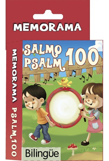 Caja de un juego de memoria bilingüe titulado «Salmo 100», un juego educativo con ilustraciones de dos niños jugando al aire libre —uno de ellos con una pandereta— y un pollito amarillo al fondo.