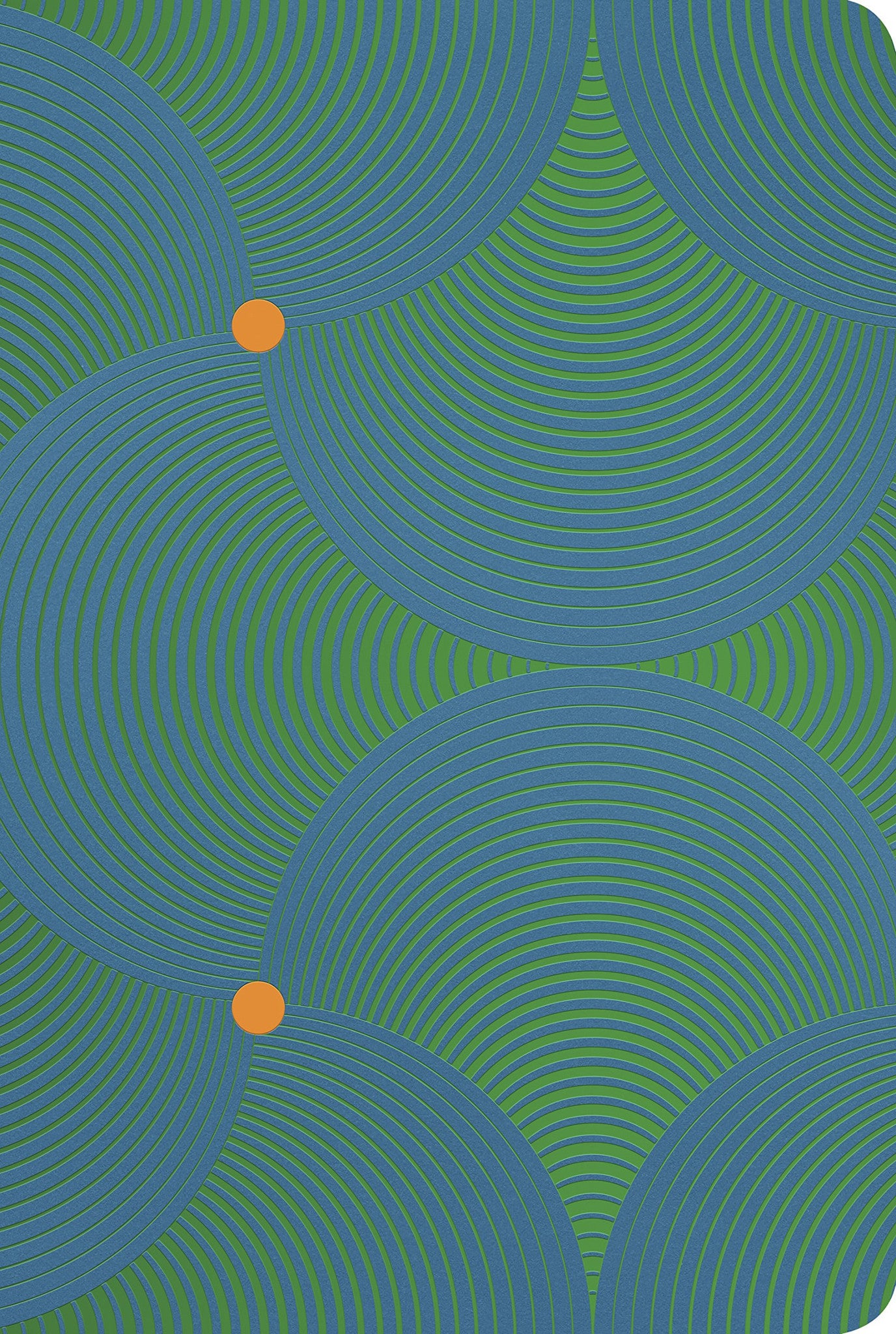 Un motivo geométrico formado por círculos azules y verdes superpuestos, con líneas finas y tres puntos naranjas en las intersecciones, sobre un fondo verde, inspirado en la elegancia atemporal de la Biblia con Letra Grande Reina Valera 1960.