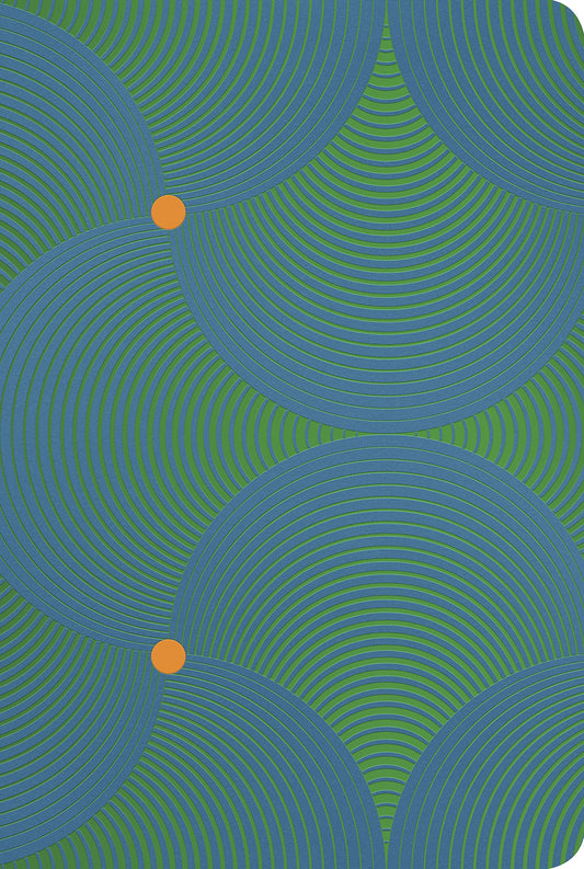 Un motivo geométrico formado por círculos azules y verdes superpuestos, con líneas finas y tres puntos naranjas en las intersecciones, sobre un fondo verde, inspirado en la elegancia atemporal de la Biblia con Letra Grande Reina Valera 1960.