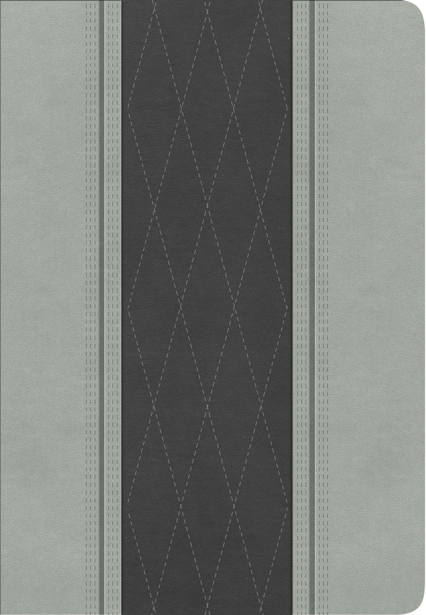 Superficie texturizada en gris y negro con líneas de costura verticales, una sección central con diseño de rombos y fabricada en «Biblia simil piel»: ideal para quienes prefieren las palabras de Cristo en rojo, tal y como aparecen en la Biblia Reina-Valera 1960.