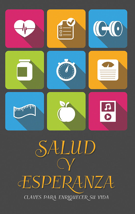 Sobre un fondo oscuro aparece una cuadrícula de iconos de colores que representan aspectos relacionados con la salud —como «buena alimentación» y «vida espiritual»— encima del texto en español «Salud y Esperanza: Claves para enriquecer su vida».