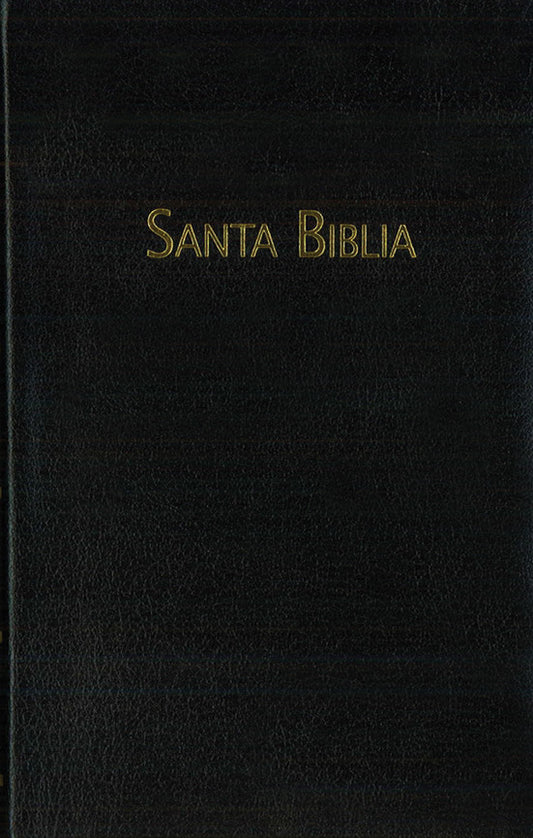Una cubierta de libro encuadernada en cuero negro con el título «Santa Biblia» escrito en letras doradas, ideal como Biblia para un pastor o para quienes prefieren la Biblia Reina-Valera Contemporánea junto a su Himnario Adventista.