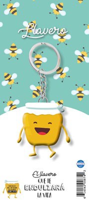 Divertido llavero con un tarro de miel sonriente con brazos y piernas, rodeado de abejas y con un mensaje en español inspirado en el Salmo 119:103 sobre cómo endulzar la vida. Ideal como regalo cristiano lleno de alegría.
