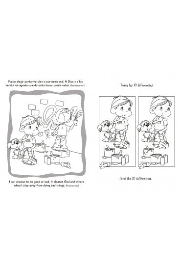 Dos páginas para colorear de un libro bilingüe: la de la izquierda muestra a una niña con su perro pintando en una pared, con un texto que habla de elegir lo bueno; la de la derecha incluye actividades como «encuentra las diferencias» con dos imágenes casi idénticas de la niña y el perro.