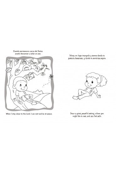 En la página de la izquierda, un niño descansa bajo un árbol con un pájaro cerca; en la de la derecha, otro niño está tumbado en la hierba. Este libro bilingüe te invita a leer en inglés y en español y a disfrutar coloreando mientras te sientes seguro y en paz.