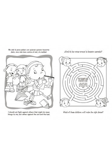 Una página de actividades en blanco y negro con niños dibujando a la izquierda y un laberinto a la derecha, perfecta para colorear. Este entretenido libro bilingüe plantea la pregunta, tanto en inglés como en español: ¿qué niño tomará la decisión correcta?.