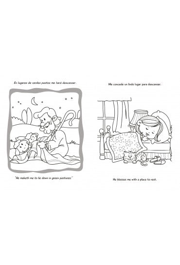A la izquierda, un hombre está sentado con unas ovejas en un campo; a la derecha, una niña mira un rompecabezas y un libro bilingüe desde su cama, en una habitación. Ambas imágenes incluyen leyendas en español e inglés.