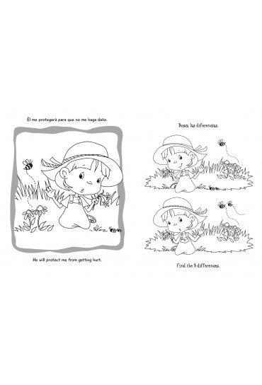 Lámina para colorear en blanco y negro en la que aparece un niño con un sombrero sentado en la hierba, con un juego de «encuentra las diferencias» extraído de un libro bilingüe y la leyenda: «Él me protegerá para que no me haga daño». Perfecta para actividades y para colorear.