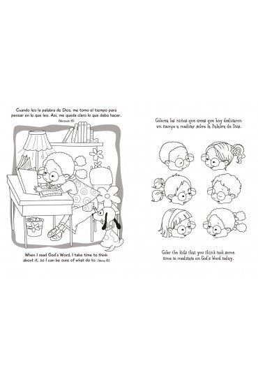 Ilustraciones en blanco y negro de niños leyendo y reflexionando, con textos en español e inglés sobre la importancia de dedicar tiempo a reflexionar sobre la Palabra de Dios. Este inspirador libro bilingüe incluye actividades y páginas para colorear.