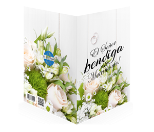Una tarjeta de boda decorativa con rosas blancas y rosa pálido, follaje verde y un texto en español que dice: «El Señor bendiga tu matrimonio». Incluye sobre y funda protectora para cuidar esta tarjeta de alta calidad.