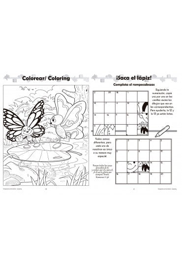 Hoja de actividades en blanco y negro con una sección para colorear una mariposa a la izquierda y un rompecabezas de lápiz y cuadrícula con instrucciones en español a la derecha, ideal para páginas para colorear que fomentan la creatividad y la formación de valores.