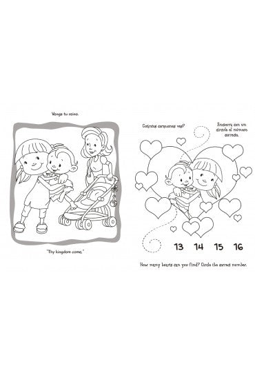 Lámina en blanco y negro para colorear con niños, en la que aparecen un adulto, un cochecito y corazones. Incluye una actividad de conteo en la que hay que encontrar el número correcto de corazones. Libro bilingüe: el texto está incluido tanto en inglés como en español.