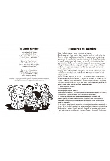 Página con dos columnas: en la parte izquierda aparece el poema «A Little Kinder» en inglés, acompañado de una ilustración de cuatro niños jugando con bloques del abecedario; en la parte derecha se muestra el texto en español «Recuerda mi nombre», ideal para la formación en valores y las historias para niños.