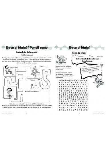 Ficha de actividades bilingüe que incluye un laberinto con lápiz y una sopa de letras sobre la comida, las bendiciones y la formación de valores, con instrucciones en español e inglés; ideal para historias para niños y divertidas actividades para colorear.