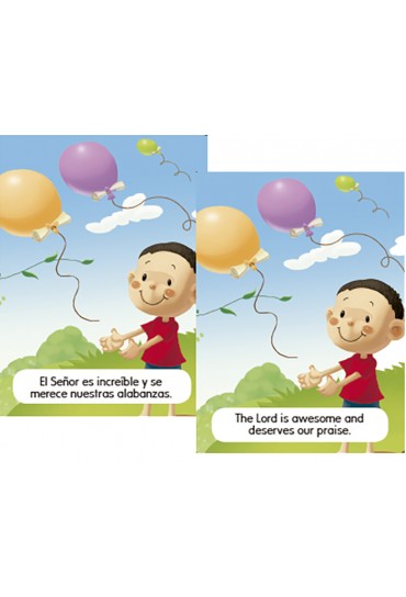 Un niño sonriente, con las cuerdas de los globos en la mano, está al aire libre, mientras los globos flotan en el cielo. El texto, en español e inglés, alaba al Señor, celebra una «memoria bilingüe» e inspira el aprendizaje a través de este «juego educativo».
