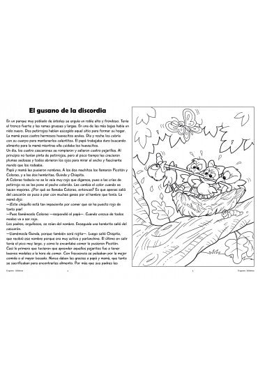 Una página de un libro de «historias para niños» presenta un texto en español a la izquierda y una ilustración en blanco y negro de pájaros y una oruga en la rama de un árbol, ideal para «actividades para colorear».