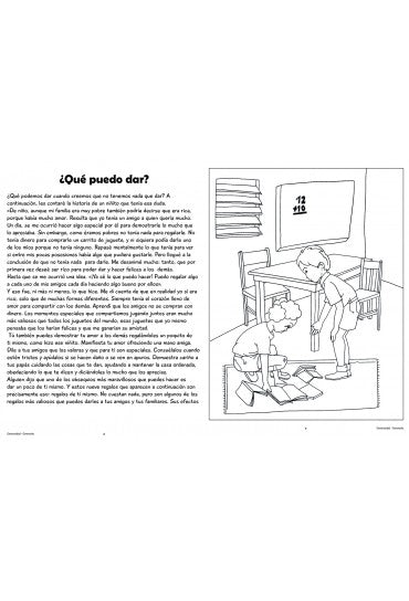Una página ilustrada en blanco y negro muestra a dos niños recogiendo juguetes en una habitación con una mesa, sillas y un reloj. El texto en español, situado a la izquierda, presenta «historias para niños y formación en valores».