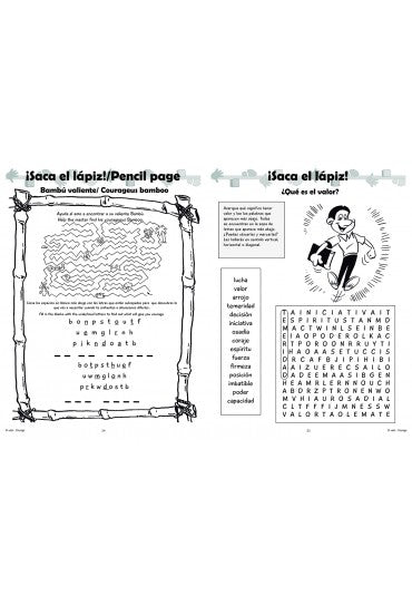 Ficha en blanco y negro con un laberinto, un juego de palabras mezcladas y un juego de búsqueda de palabras —además de elementos de «formación de valores»— con ilustraciones de bambú y un personaje de dibujos animados que sostiene un lápiz. El texto está en español y en inglés.
